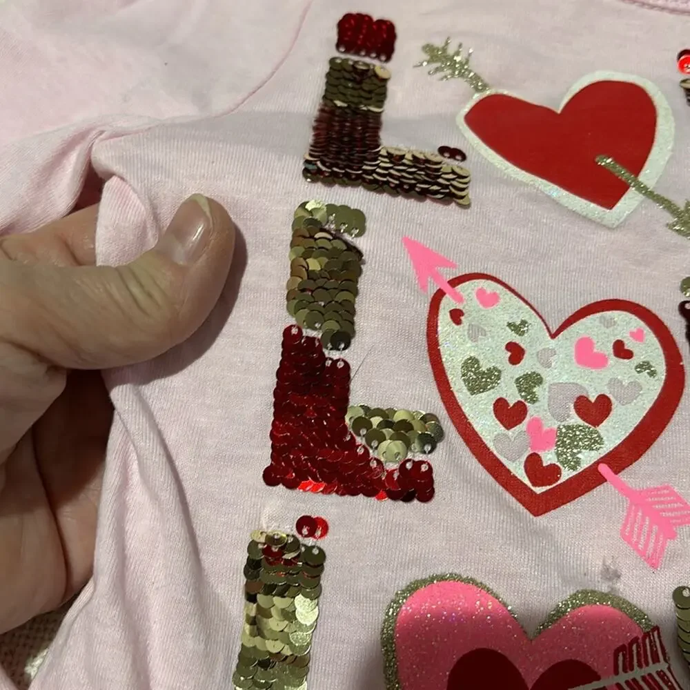 Issac Mizrahi 5/6 pink long sleeve love tee shirt sequined flip like new EUC